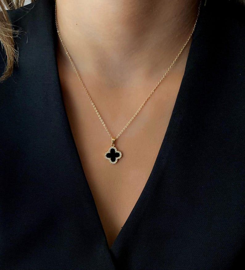 Black Clover Pendant Necklace – Gold Tone