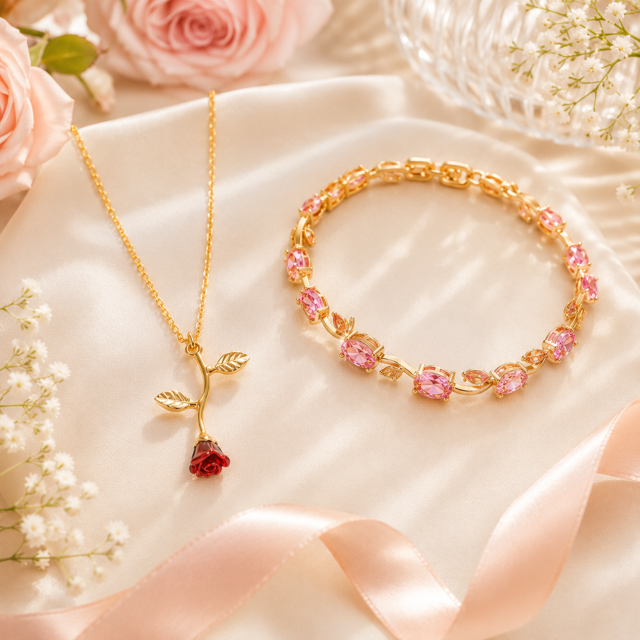 Falling Rose Necklace & Pink Tulip Bracelet - Pack of 2 Deal